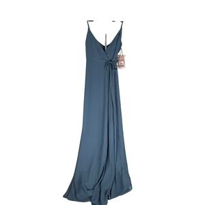 Birdy Grey Cindy Bridesmaid Dress Twilight Blue Spaghetti Strap Wrap Maxi XS NWT